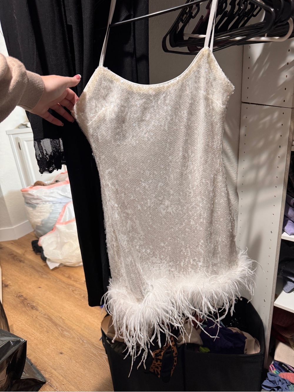 AKIRA Ivory Sequin Slip Dress with Feather Trim